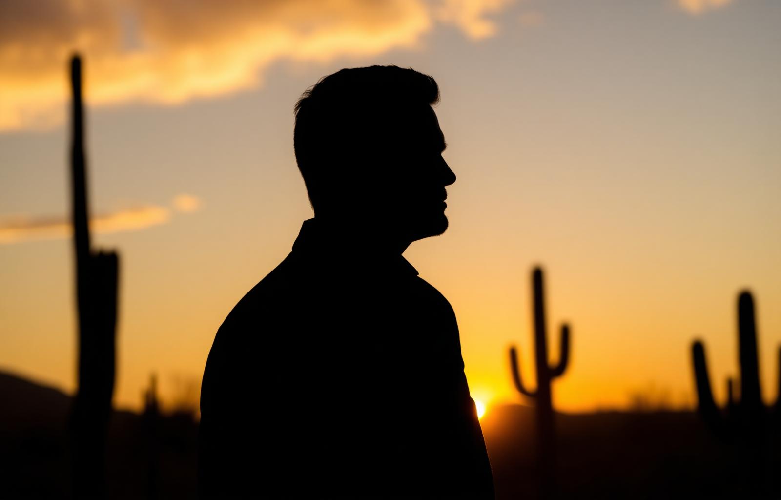 Brandon Watzman — Arizona entrepreneur and philanthropist, silhouetted against a Sonoran desert sunset